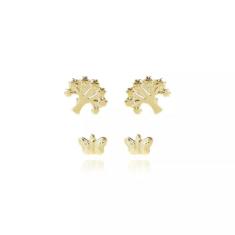Brinco Duo de arvore e Borboleta Folheado em Ouro 18k - Floratta Joias