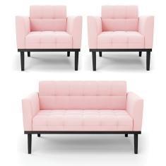 Sofá Namoradeira e 2 Poltronas Base de Madeira Preto Elisa Suede Rosa Bebê D03 - D'Rossi