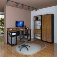 Conjunto Home Office 3 Peças 1 Escrivaninha com Nichos 1 Estante Prateleira 1 Armário Match Yescasa Pinho/Preto