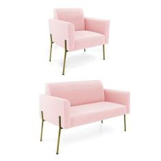 Sofá Namoradeira e Poltrona Pé de Ferro Dourado Marisa Suede Rosa Bebê D03 - D`Rossi