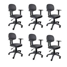 Kit 6 Unidades Cadeira Escritório Secretária Giratória com Braço Regulável em Couro Preto