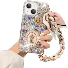 Capa com glitter para iPhone 13, linda luxuosa rainha de cristal 3D strass diamante completo com lenço de seda pulseira corrente feminina meninas capa para iPhone 13 6,1 polegadas 2021