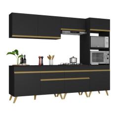 Armário de Cozinha Completa 252cm Veneza Multimóveis V3713, Preto/Dour