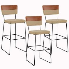 Kit 03 Banquetas Altas Sala Jantar Allana L02 Faixa Corano Camel Linho