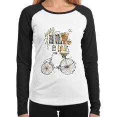 Baby Look Raglan Bicicleta e Livros Manga Longa - Foca na Moda, Branco