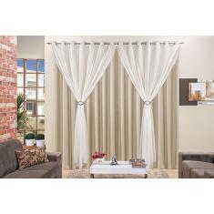 Cortina Jéssica 4 Metros Bege Tecido Microfibra Com Voal Clássica Sala