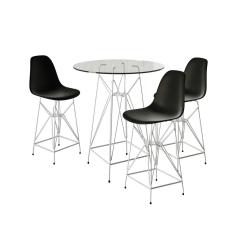 Jogo Mesa Bistrô Eames Vidro 60Cm 3 Banquetas Preta Base Ferro Branco - Cor: Branco