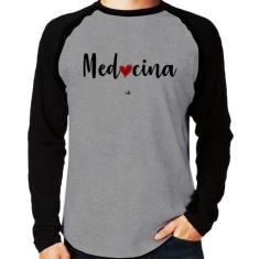 Camiseta Raglan Medicina por amor Manga Longa - Foca na Moda, Cinza, P
