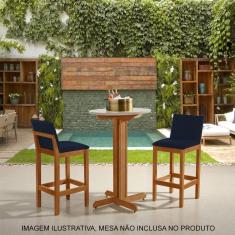 Kit 2 Banquetas Alta Luxo Pérola com Encosto Estofada em Veludo Azul Petróleo Madeira Maciça Castanh