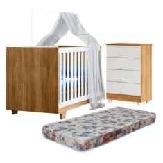 Quarto de Bebê com Berço Mini Cama com Colchão Life e Cômoda de Bebê 100% Mdf 4 Gavetas Soft Life Branco/Madeirado Ypê