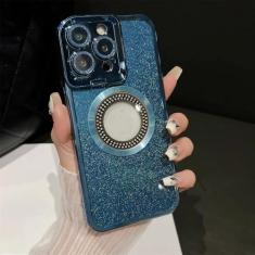 Capa de luxo com diamantes e estrelas brilhantes para iPhone 11 12 14 15 Pro Max, capa dobrável para suporte de lente de câmera do iPhone 13 Pro Max, azul