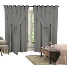 Cortina Corta Luz 4,00m X 2,40m 100% Blackout Com Voil Cinza Para Sala