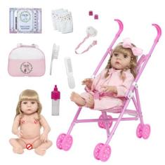 Boneca Tipo Reborn Princesa Loira + Carrinho Rosa Passeio - Cegonha Re
