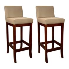 Kit 2 Banquetas Média Estofada em Madeira Maciça Castanho Melody Suede Bege