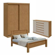 Quarto com Guarda-roupa 2 Portas 2 Gavetas, Cômoda 2 Portas 7 Gavetas e Cama Casal Athenas Amêndoa Clean/Off White/Amêndoa Clean