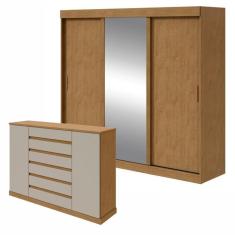 Conjunto de Guarda-roupa 3 Portas 3 Gavetas Saion Plus 1 Porta Glass e Cômoda Vedra  Amêndoa Clean/Off White/Amêndoa Clean