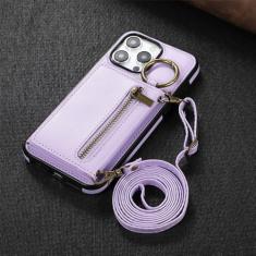 Alça de ombro com zíper carteira de couro capa porta cartão para iPhone 11 12 13 14 15 Pro Max Plus cordão telefone bolsa capa anel, roxo, para iPhone 14 Pro