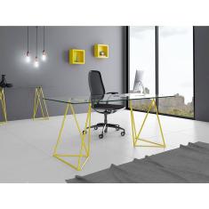 Escrivaninha de Vidro Bela Vista Cavalete Base Ferro Amarelo