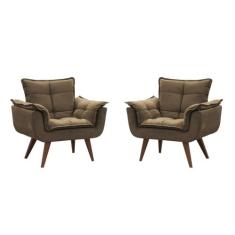 Kit 02 Poltronas Decorativa Opalla Pés Palito Suede Marrom - DS Estofa