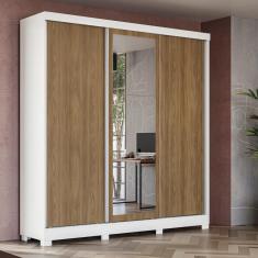 Guarda Roupa Casal Kappesberg 3 Portas Reversíveis de Correr 3 Espelhos 2 Gavetas Branco/Nogueira