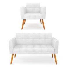 Kit 1 Sofá Namoradeira e 1 Poltrona Elisa Corano Branco Pés Palito Castanho - D'Rossi