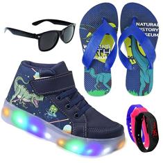Tenis Botinha Masculino De Led Com Calce Facil Infantil Dinossauro DIversão Luzinha + Chinelo. Cor:Azul; Taman
