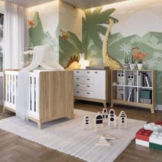 Quarto de Bebê 3 Peças com Berço 3 em 1 Cômoda e Estante com 6 Nichos Favo de Marrom Completa Móveis Itapuã/Branco