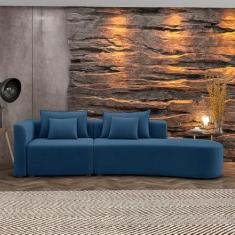 Sofá Curvo Decorativo Kimiko 297Cm 2 Lugares Sala de Estar com Chaise Veludo Azul Petróleo G52 - Gran Belo