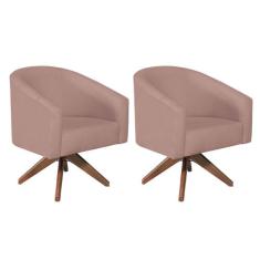 kit 02 Poltronas Luiza Base Giratória de Madeira Linho Rosê - Doce Son