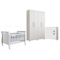 Quarto de Bebê com Berço Mini Cama, Cômoda 1 Porta 4 Gavetas e Roupeir