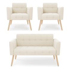 Kit 1 Sofá Namoradeira e 2 Poltronas Elisa Veludo Bege Pés Palito Natural D03 - D'Rossi