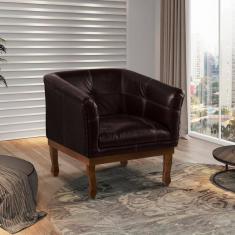 Poltrona Estofada Madeira Maciça Noah Couro Legítimo Marrom Caramelo