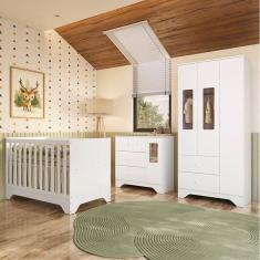 Quarto de Bebê Completo Guarda-roupa e Cômoda com Janelas e Berço 100% Mdf Ravy Espresso Móveis Branco Brilho