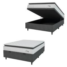 Cama Box Baú Colchão Casal Molas Ensacadas City Pillow Top 138x188x64cm Branco / Cinza Hellen - Supo