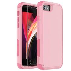 droperprote Capa para iPhone SE 3ª e 2ª geração, iPhone 8 e iPhone 7 com protetor de tela 3 em 1 capa resistente à choque à prova de choque 4,7 polegadas (rosa)