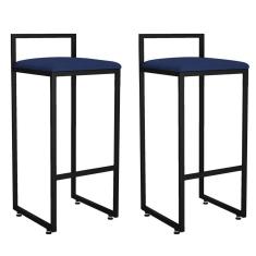 Kit 02 Banquetas Altas Hanna L02 Assento Tecido Base Fixa sem Encosto Altura 81 cm Preto Azul Marinho
