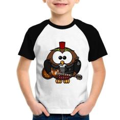 Camiseta Raglan Infantil Coruja Rock Guitarra - Foca na Moda, Branco, 