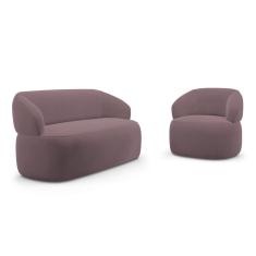 Kit Poltrona Giratória e Sofá Orgânico Living Glee 02 Lugares 140cm Veludo Rosê - Desk Design