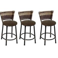Kit 3 Banquetas Baixas Preta com Encosto Junco Capuccino Assento Marro