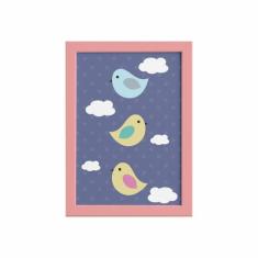 Quadro Infantil Casa Pássaros Moldura Rosa 22x32cm - Quartinhos