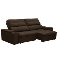 Sofá Retrátil E Reclinável 3 Lugares 210cm Zoho Porta Copos No Braço Veludo Marrom G22 - Gran Belo