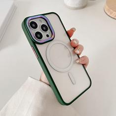 Capa de telefone transparente magnética de luxo para iPhone 14 13 12 11 Pro Max Skin Feel Laser Metal Camera Protection Capa de acrílico macio, verde escuro, para iPhone 12 Pro