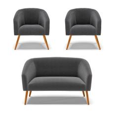 Kit 1 Sofá Namoradeira E 2 Poltronas Stella Bouclê Pés Palito Castanho D`rossi Cor Grafite