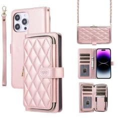 Capa carteira para iPhone 15 Pro, bolsa flip de couro com zíper com suporte para cartão, capa de telefone à prova de choque com fivela magnética com corda de mão e corrente de couro para mulheres