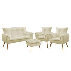 Namoradeira e 2 Poltronas Beta com Puff Lunar Veludo Aradecor, Bege, Ú