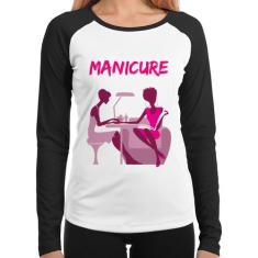 Baby Look Raglan Manicure Manga Longa - Foca na Moda, Branco, Preto, M