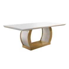 Mesa de Sala Jantar Jade c/ Tampo180x90cm Madeirado Vidro Canto Curvo - Imbuia/Off White - Rufato