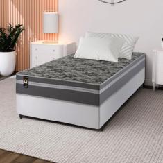 Conjunto Cama Box Branco Espuma Miami Cinza Solteiro 96x203x62