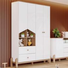 Guarda-Roupa Infantil Ternura 4 Portas 2 Gavetas Branco e Jequitibá