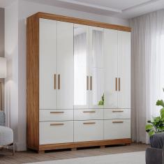 Guarda-roupa Casal com Espelho 6 Portas de Bater 1 Basculante 5 Gavetas Mdf Coimbra Espresso Móveis Cinamomo/Off White